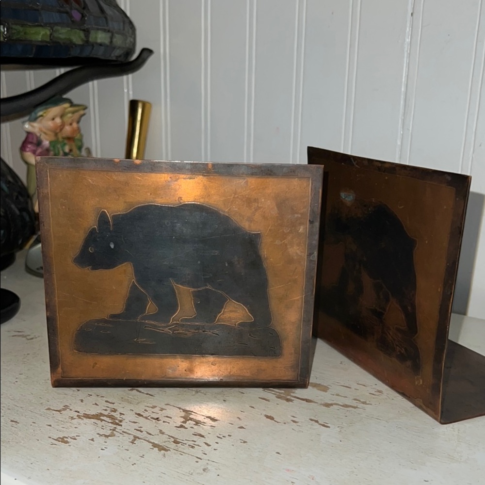 Vintage Art Deco Etched Copper Bear Bookends